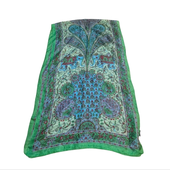 Silk Elephant Scarf made in India Green Blue - Picture 2 of 5